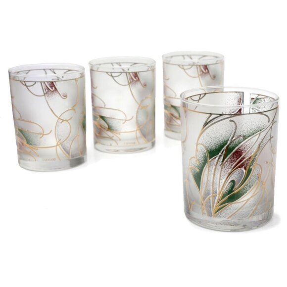 Vintage CULVER Frosted Whiskey Bar Glasses Gold Trim Abstract Design Retro x4 - Picture 1 of 14